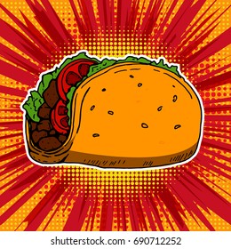 Taco illustration on pop art style background. Vector illustration