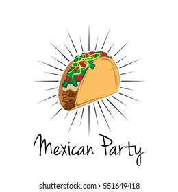 Taco illustration on white background, isolated. Mexico Food. Traditional Mexican Cuisine Vector
