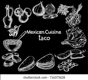 Taco, ingredients of the food vector sketch