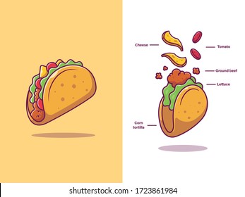 Taco Ingredients Vector Icon Illustration. Food Icon Concept Isolated Premium Vector. Flat Cartoon Style 