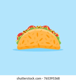 Taco isolated on blue background. Mexican fast food flat style icon. Vector illustration.