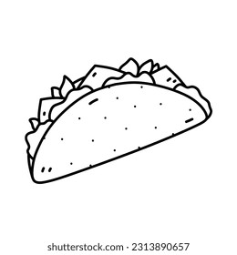Taco isolated on white background. Traditional mexican fast food, street food snack. Vector hand-drawn illustration in doodle style. Perfect for various designs, cards, logo, menu.