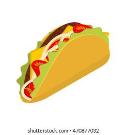 Taco isometrics on white background. Traditional Mexican food. Tortilla chips and onion. Tomato and fresh meat