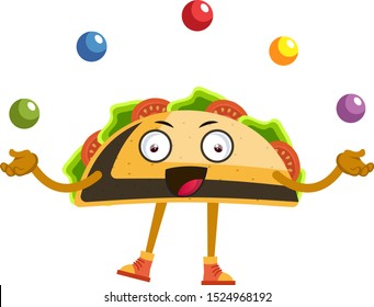 Taco juggling with balls, illustration, vector on white background.