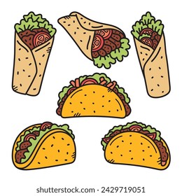 Taco and Kebab Doodle Vector Illustration