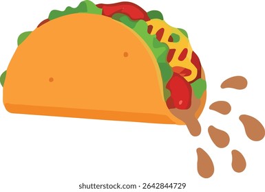 A taco with lettuce, tomato, cheese, and a brown sauce that is leaking out.