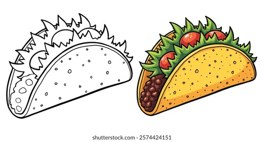 Taco Line Art Vector Illustration Black and White with Coloring Sample. Bold and Easy Food, Fruits, Sweets, Drinks, Dessert, and Snacks Coloring Pages for Adults and Kids