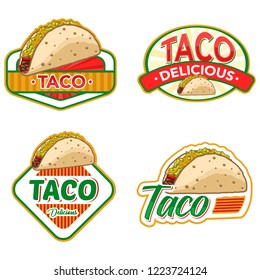 taco logo, emblem, badge, patch object illustration stock vector set