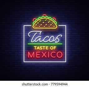 Taco logo vector. Neon sign on Mexican food, Tacos, street food, fast food, snack. Bright neon billboards, shining nightly ads of tacos, Mexican food, cafes, restaurants, dining, snack bars dining