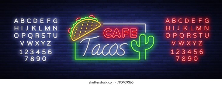 Taco logo vector. Neon sign on Mexican food, Tacos, street food, fast food, snack. Bright neon billboards, shining nightly ads of tacos, Mexican food, cafes, restaurants. Editing text neon sign