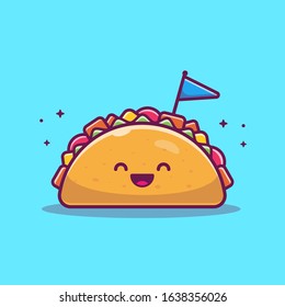 Taco Mascot Cartoon Vector Icon Illustration. Cute Taco Character With Flag. Food Icon Concept White Isolated. Flat Cartoon Style Suitable for Web Landing Page, Banner, Flyer, Sticker, Card