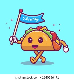 Taco Mascot Cartoon Vector Icon Illustration. Cute Taco Character Holding Flag. Food Icon Concept White Isolated. Flat Cartoon Style Suitable for Web Landing Page, Banner, Flyer, Sticker, Card