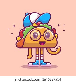 Taco Mascot Cartoon Vector Icon Illustration. Cute Taco Kid Character. Food Icon Concept White Isolated. Flat Cartoon Style Suitable for Web Landing Page, Banner, Flyer, Sticker, Card