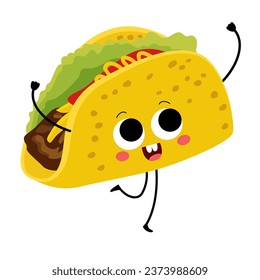 Taco Mascot-Zeichen, Vektorgrafik einzeln auf weißem Hintergrund. Cute Cartoon Fastfood