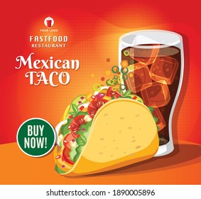 Taco meal, Mexican cuisine fast food delicious tacos and Cola vector illustration