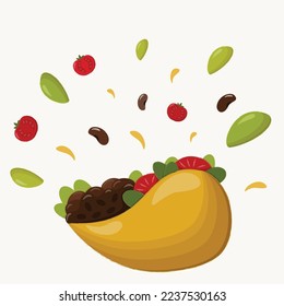 Taco with meat, beans and vegetabels on light background. Latin american food.