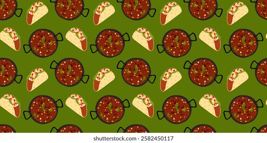 Taco meat filling, greens and vegetables and Chili con carne cast iron pan Seamless Pattern in green