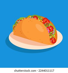 Taco with meat, tomatoes and onions. Traditional Mexican food on blue background.