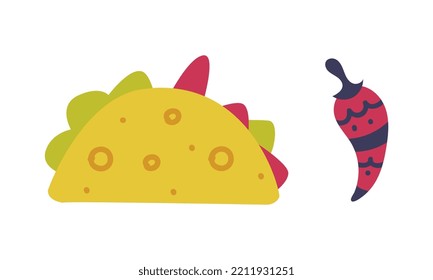 Taco with meat and vegetable and chili pepper cartoon vector illustration