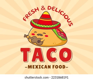 Taco con carne y verduras, guitarra y sombrero. Gastronomía tradicional mexicana-latinoamericana. El concepto de comida con pegatinas del logo de Tacos. Estilo de caricatura retro vintage. Cinco de mayo