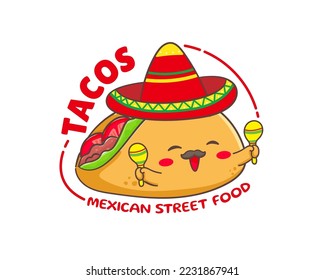 Taco with meat and vegetable, maracas and sombrero. Traditional Latin American Mexican fast-food. Tacos logo icon sticker food concept. Vintage retro flat cartoon style. Cinco de mayo