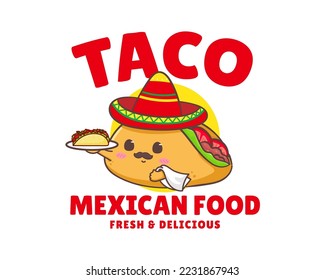 Taco with meat and vegetable, maracas and sombrero. Traditional Latin American Mexican fast-food. Tacos logo icon sticker food concept. Vintage retro flat cartoon style. Cinco de mayo