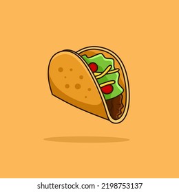 Taco with meat, vegetable and tortilla. Traditional mexican fast-food. Vector illustration