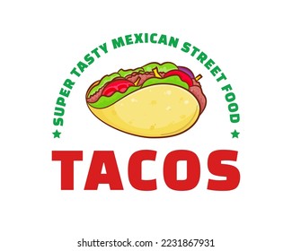 Taco with meat and vegetable. Traditional Latin American Mexican fast-food. Tacos logo icon sticker food concept. Vintage retro flat cartoon style. Cinco de mayo