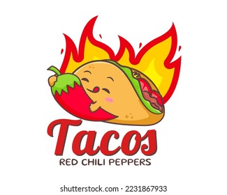 Taco with meat and vegetable. Traditional Latin American Mexican fast-food. Tacos logo icon sticker food concept. Vintage retro flat cartoon style. Cinco de mayo