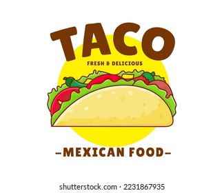 Taco with meat and vegetable. Traditional Latin American Mexican fast-food. Tacos logo icon sticker food concept. Vintage retro flat cartoon style. Cinco de mayo