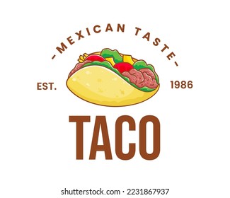 Taco with meat and vegetable. Traditional Latin American Mexican fast-food. Tacos logo icon sticker food concept. Vintage retro flat cartoon style. Cinco de mayo