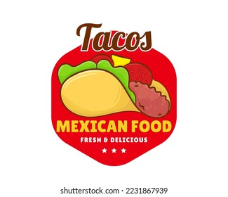 Taco with meat and vegetable. Traditional Latin American Mexican fast-food. Tacos logo icon sticker food concept. Vintage retro flat cartoon style. Cinco de mayo