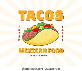 Taco with meat and vegetable. Traditional Latin American Mexican fast-food. Tacos logo icon sticker food concept. Vintage retro flat cartoon style.