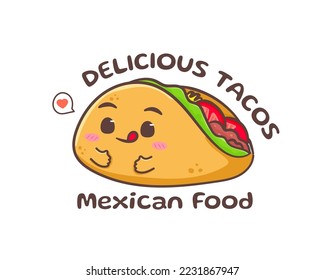 Taco with meat and vegetable. Traditional Latin American Mexican fast-food. Tacos logo icon sticker food concept. Vintage retro flat cartoon style. Cinco de mayo