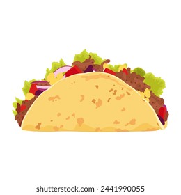 Taco with meat and vegetables front view isolated on white background. Hand drawn mexican food. 