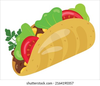 Taco with meat and vegetables. Mexican street food. Hand drawn vector illustration. Suitable for website, stickers, menu.