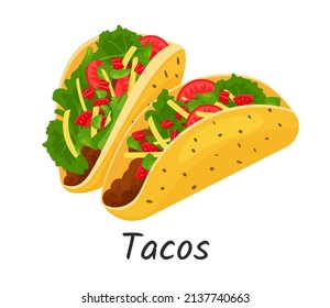 Taco with meat and vegetables mexican traditional food. Mexican food with tortilla, lettuce, cheese, tomato, minced meat, sauce. Vector illustration Isolated on white background.