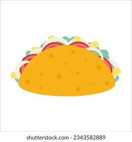 Taco with meat and vegetables, traditional mexican fast food, street food with tortilla, lettuce, cheese, tomato, minced meat, sauce and onion isolated on white background