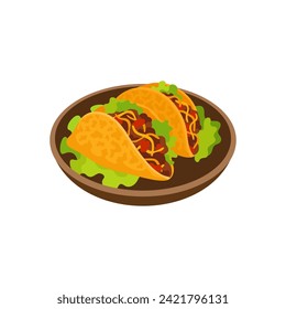 Taco with meat and vegetables vector illustration. Mexican traditional food.