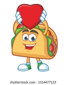 Taco Mexican cartoon with love symbol,  mascot character vector