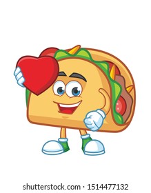 Taco Mexican cartoon with love symbol,  mascot character vector