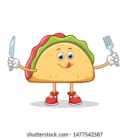 Taco Mexican Cartoon Mascot Character Licking His Lips And Holding Silverware.