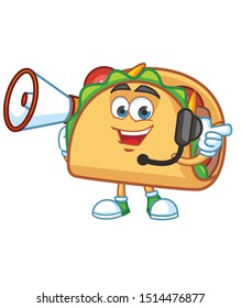 Taco Mexican cartoon mascot character vector with megaphone