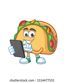 Taco Mexican cartoon mascot character vector with gadget