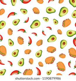 taco mexican with chili peppers and avocados pattern