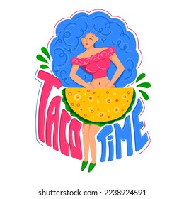 Taco. Mexican cuisine. Illustration of a girl and a taco. Modern print for printing on T-shirts and postcards