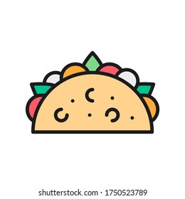 Taco, mexican dish, traditional fast food flat color line icon.