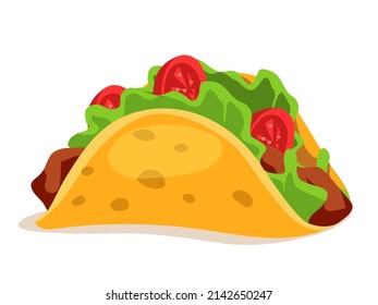 Taco, Mexican Fast Food For Street Cafe Or Restaurant Menu Vector Illustration. Cartoon Cooked Chicken Or Beef And Cheese, Tomato And Lettuce, Hot Sauce Wrap In Tortilla Sandwich Isolated On White