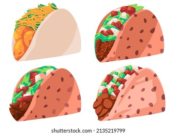 Taco mexican fastfood south american tortilla cheese meat vector drawing illustration