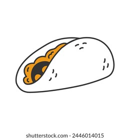 Taco Mexican food doodle vector illustration. Trfaditional fast food dish. Latin American meal with stuffed tortilla. Restaurant medu delivery hand drawn icon.